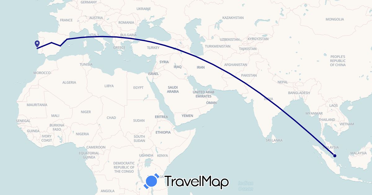 TravelMap itinerary: driving in Spain, Portugal, Singapore (Asia, Europe)
